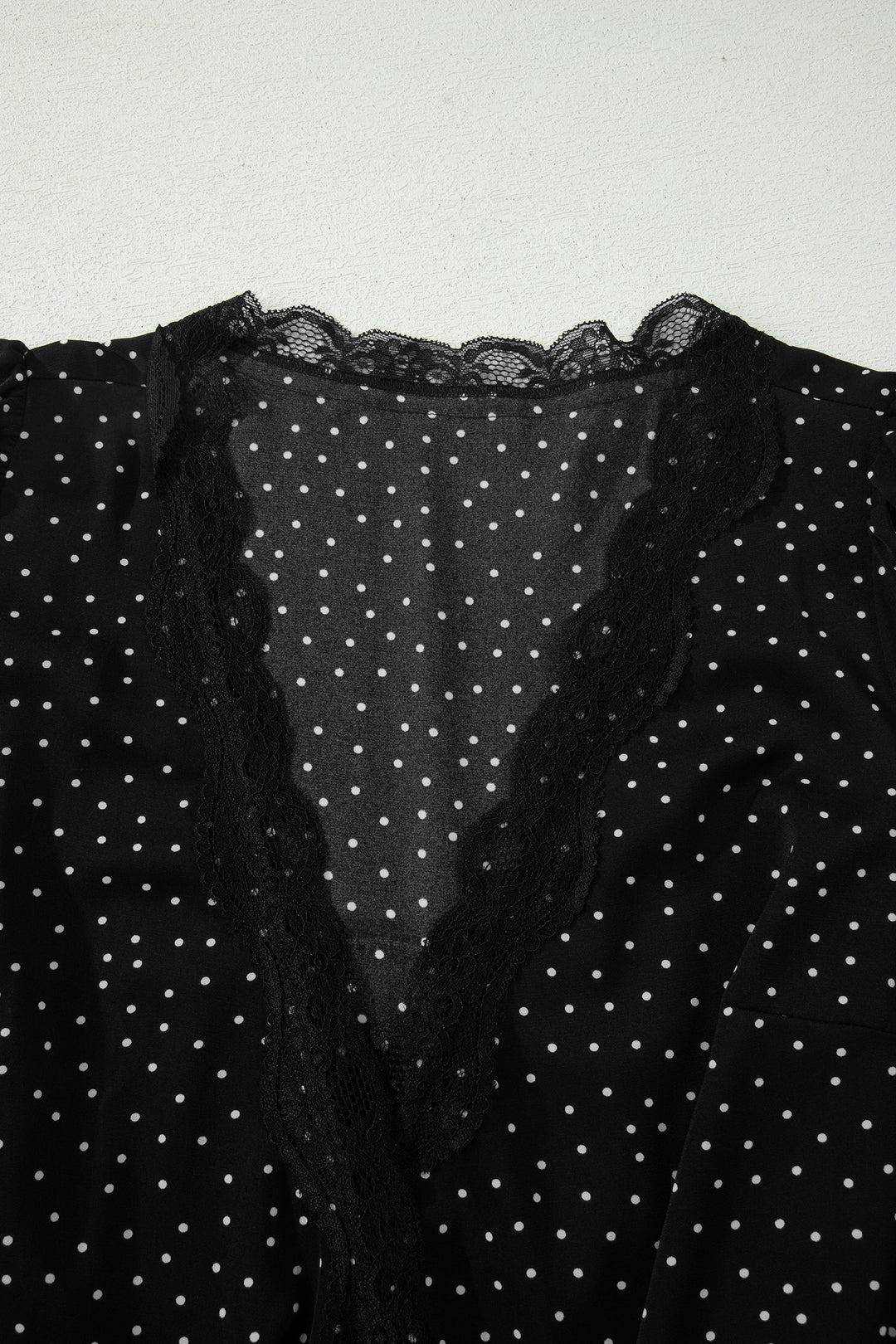 Black Polka Dot Print Lace Trim Wrap Mini Dress
