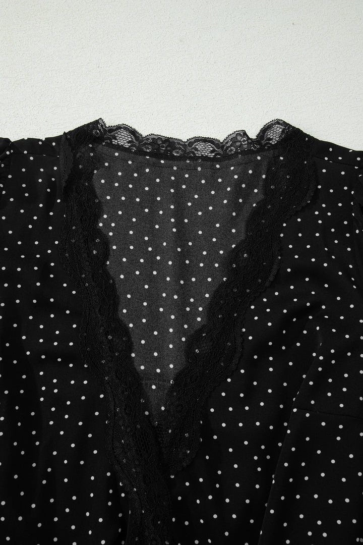Black Polka Dot Print Lace Trim Wrap Mini Dress