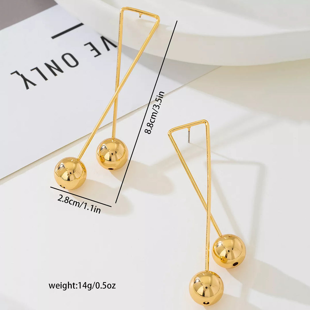 Modern Geometric Triangle Gold Ball Drop Earrings