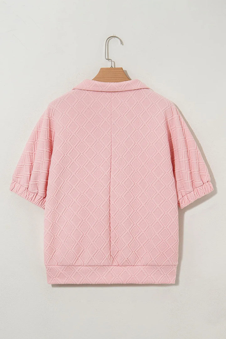 Contrast Striped Collar Patchwork Textured Half Sleeve Blouse