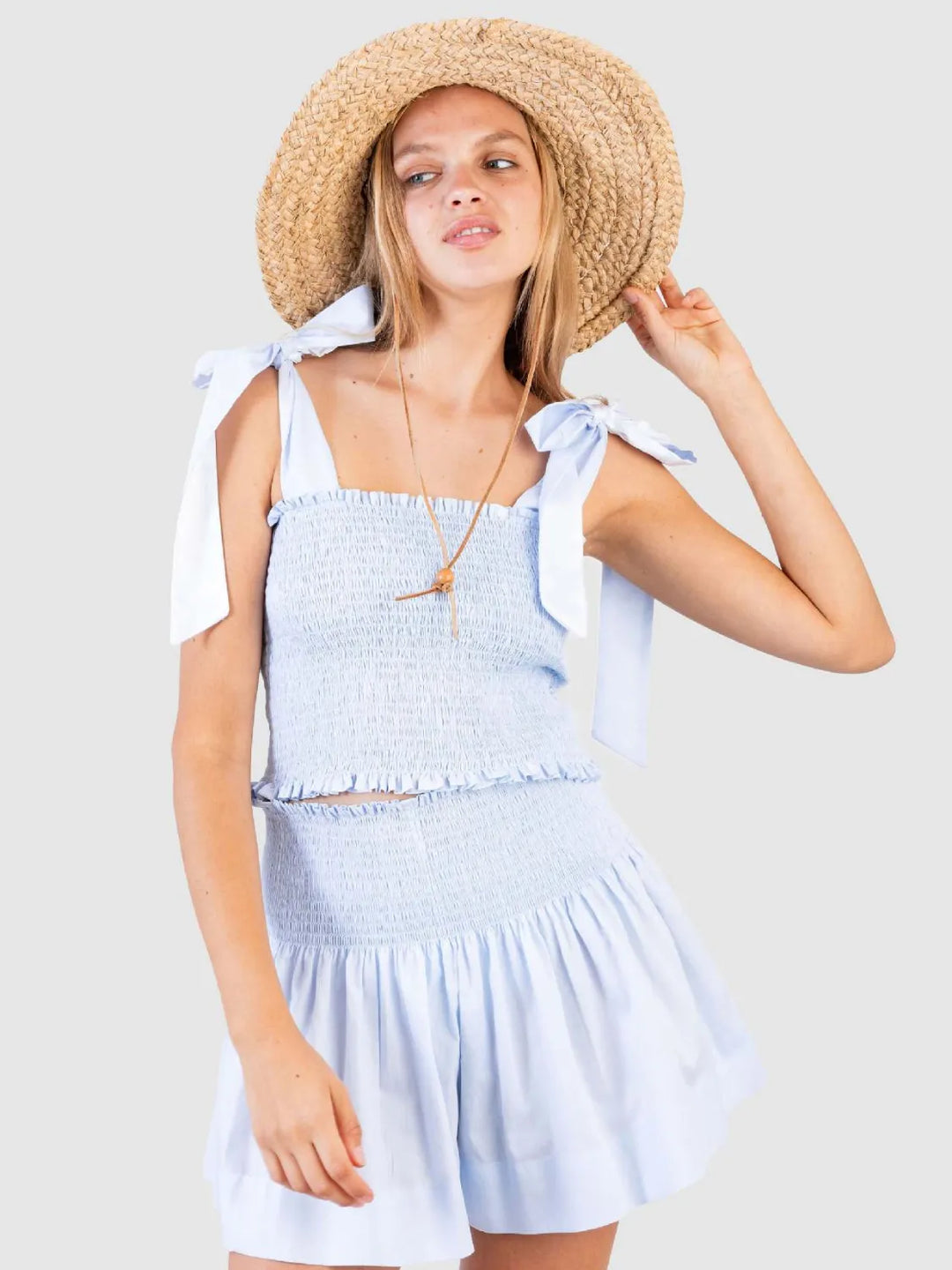 Smocked Tie Shoulder Top and Mini Skirt Set