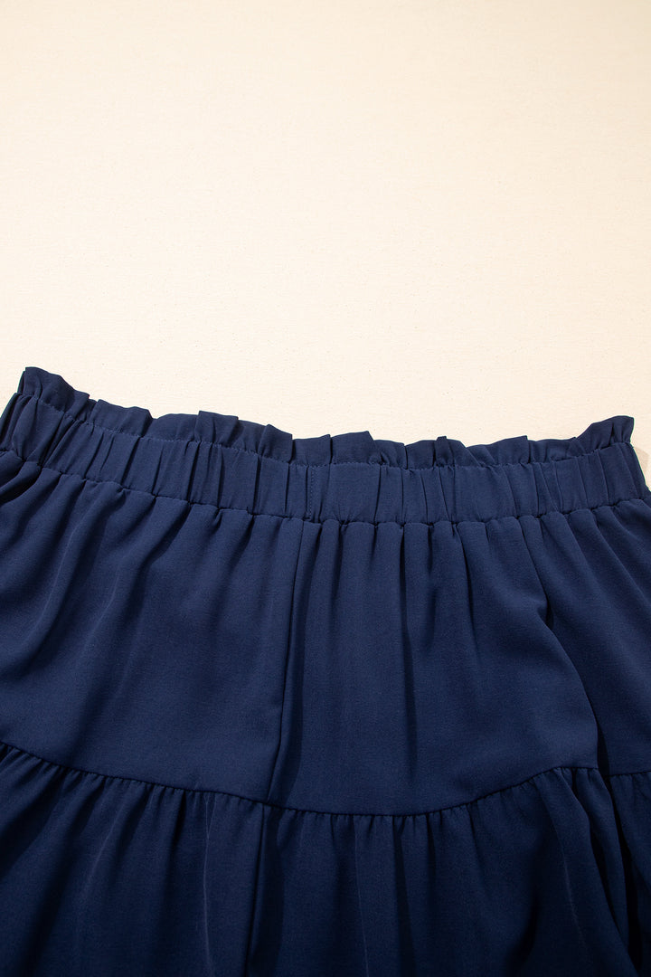 Navy Blue Plus Size Frilled Elastic Waist Lace Trim Boho Ruffled Shorts