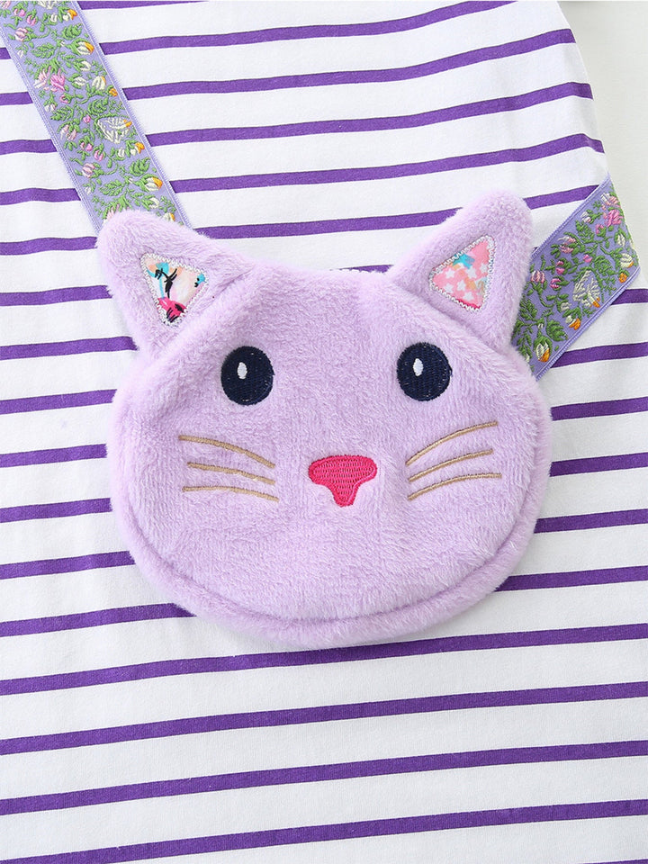 Children's Striped Casual Dress with Cat Bag