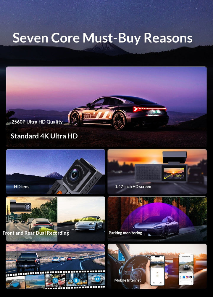 2K Dual Lens Front And Rear Dash Cam, High Definition Car DVR Recorder