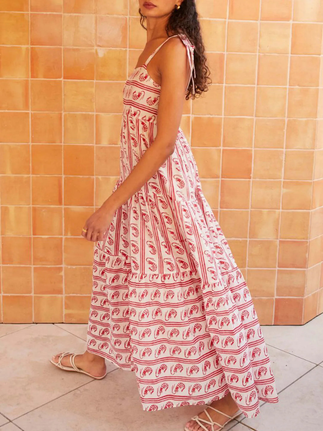 Striped Tie-Shoulder Tiered Maxi Dress