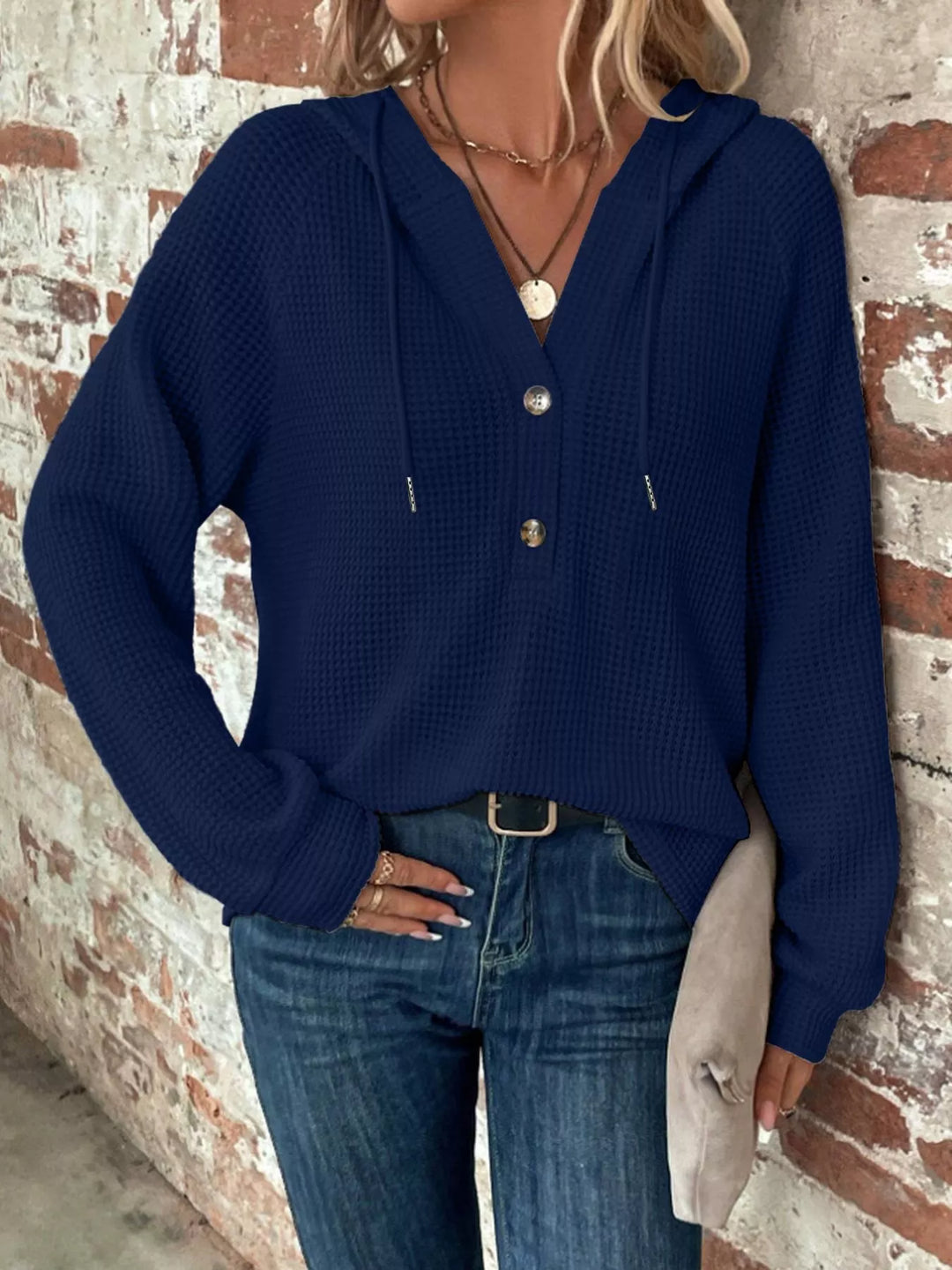Waffle Knit Button Detail Hoodie