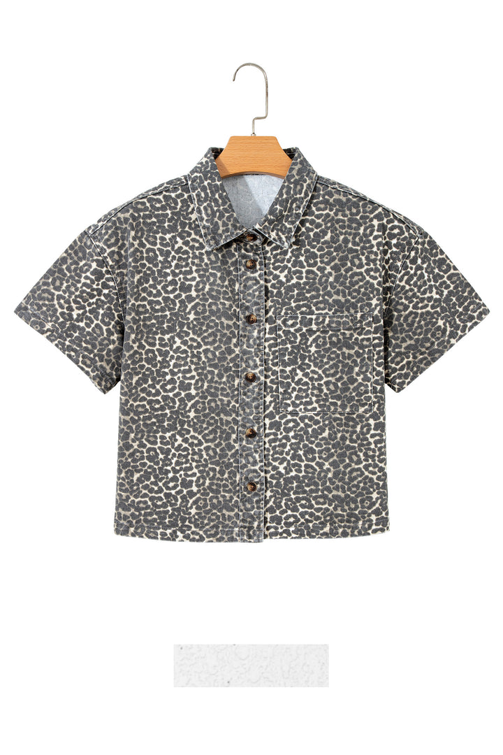 Gray Vintage Leopard Print Short Sleeve Loose Cotton Denim Shirt
