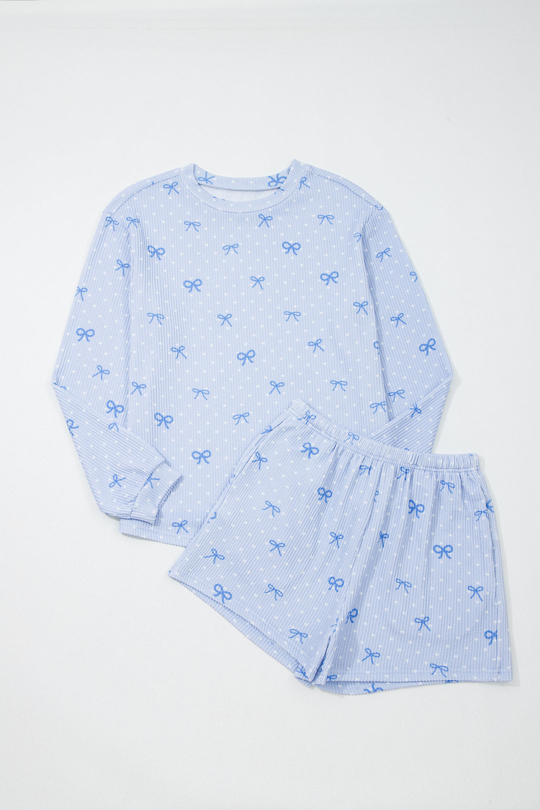 Sky Blue Valentines Bow Print Twisted Rib Loose Long Sleeve Top 2pcs Short Set