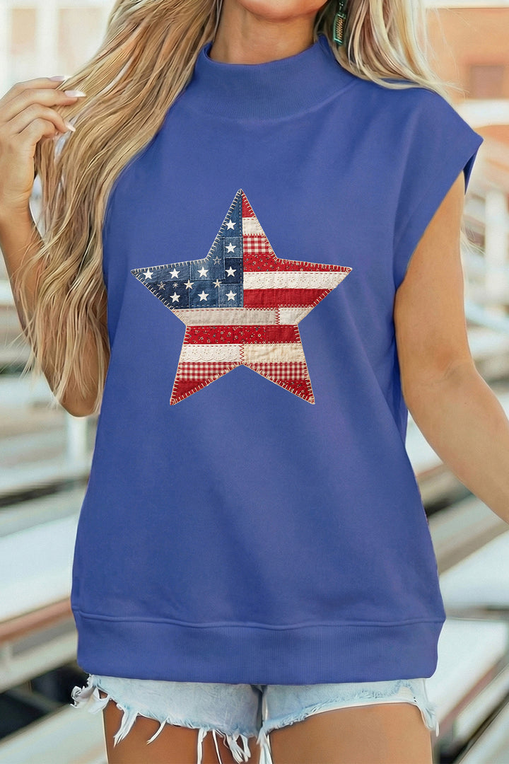 Sky Blue Faux Patchwork Patriotic Star Printed High Neck Top