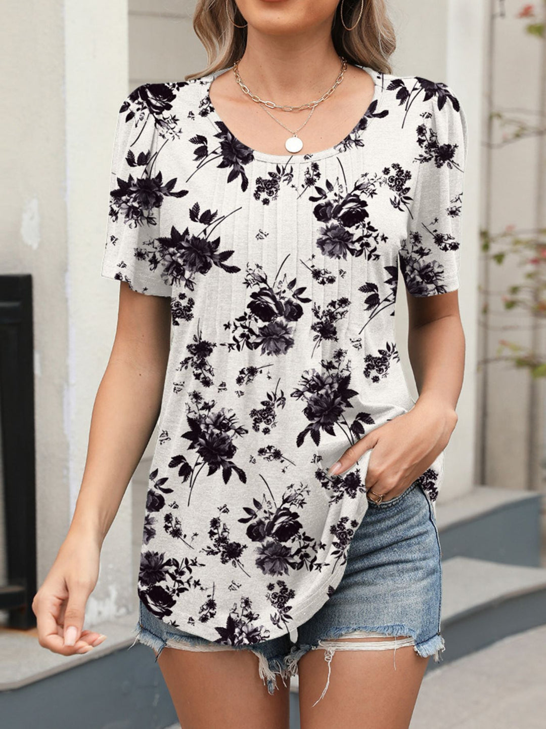 Floral Print Short Sleeve Blouse