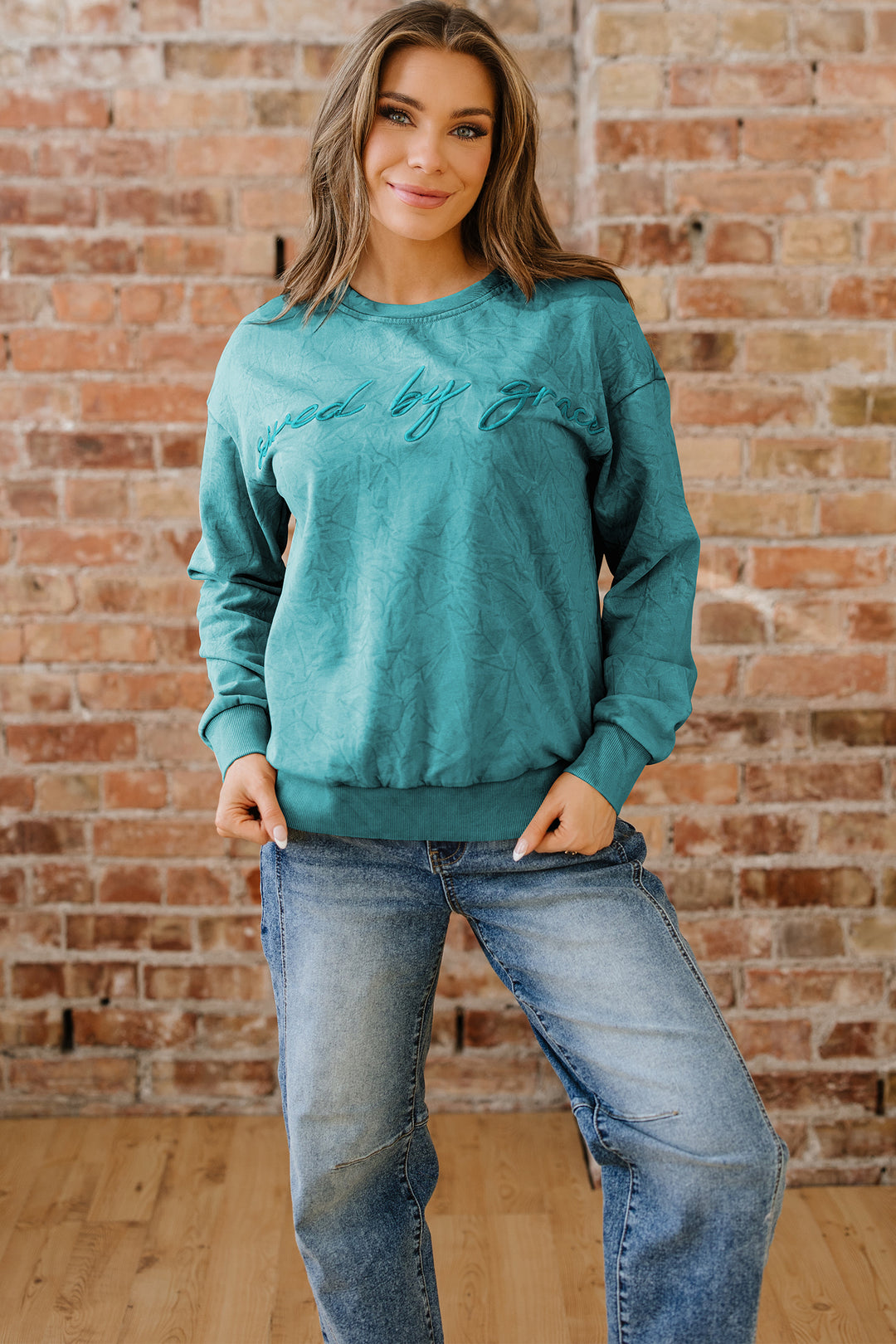 Sea Green saved by grace Letter Embroidery Mineral Wash Loose Sweatshirt