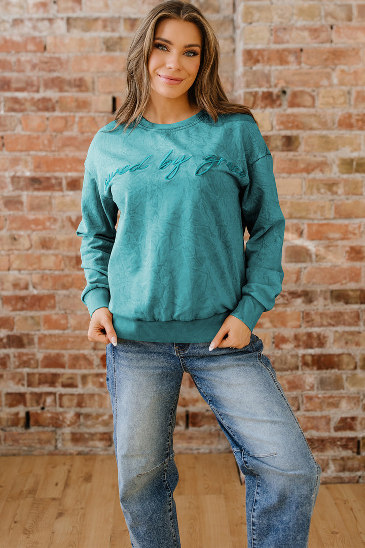 Sea Green saved by grace Letter Embroidery Mineral Wash Loose Sweatshirt
