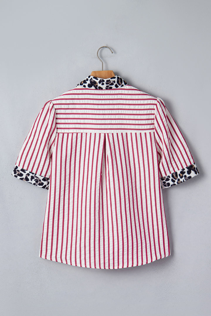 Red Stripe Leopard Contrast Trim Half Button Blouse