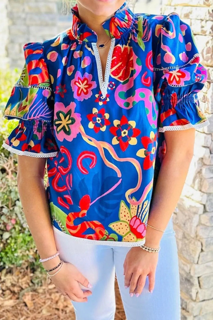 Abstract Print Frilled Collar Ruffled Puff Short Sleeve Top