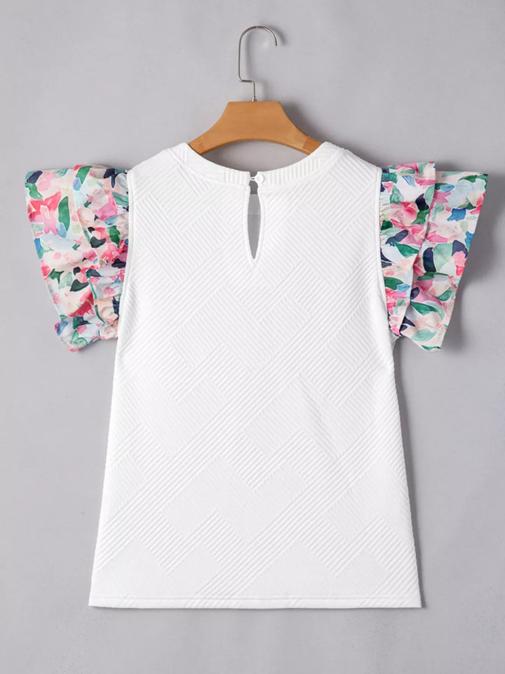 Abstract Print Tiered Ruffled Sleeve Textured Knit Top