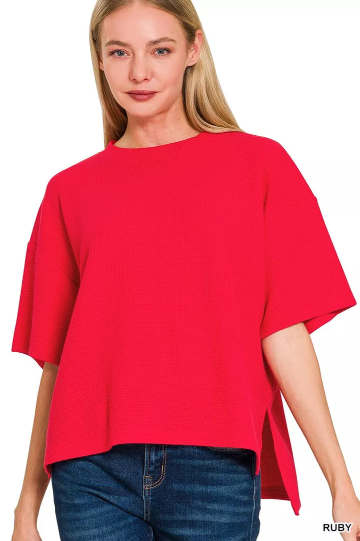 Zenana Full Size Double Knit Side Slits Hi Low Short Sleeve Top Plus Size