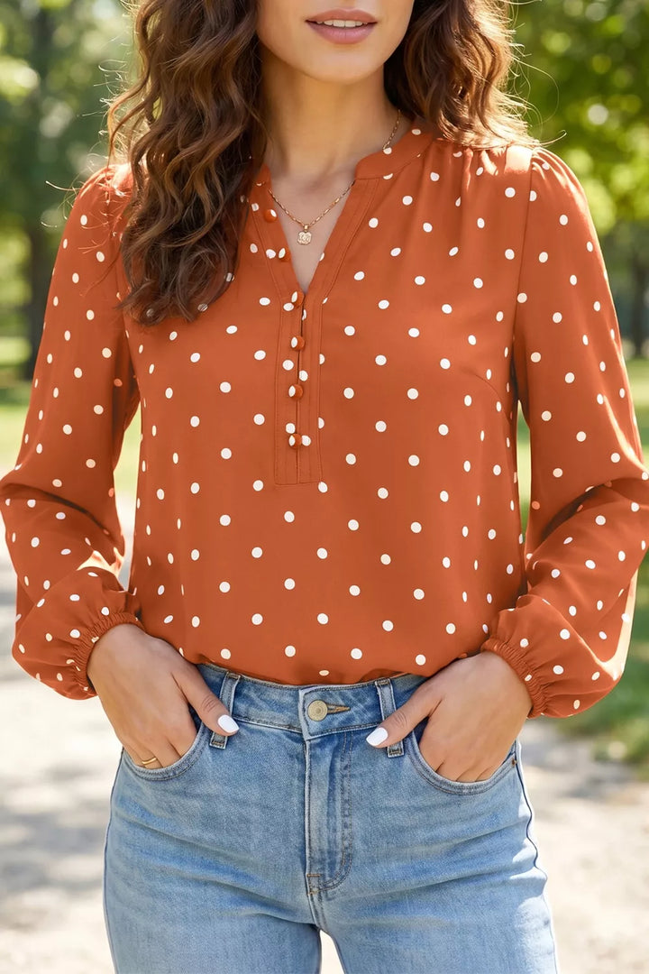 Polka Dot Half Button V Neck Long Sleeve Blouse
