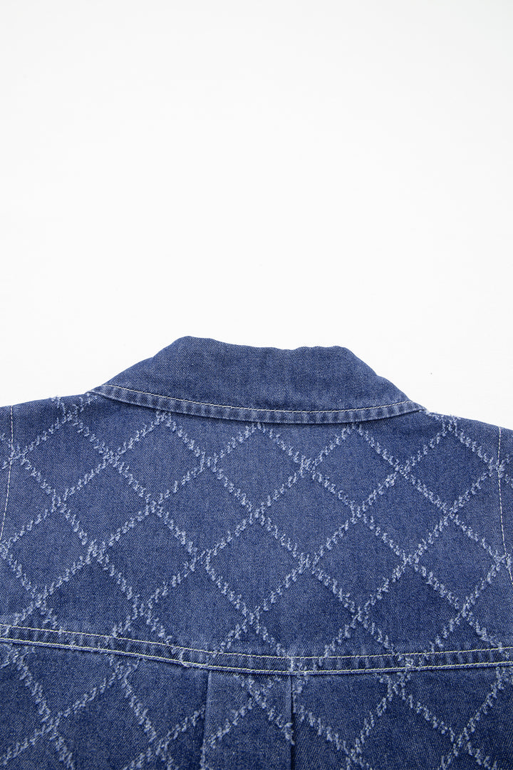 Sail Blue Rhombus Textured Collar Buttoned V Neck Denim Sleeveless Mini Dress