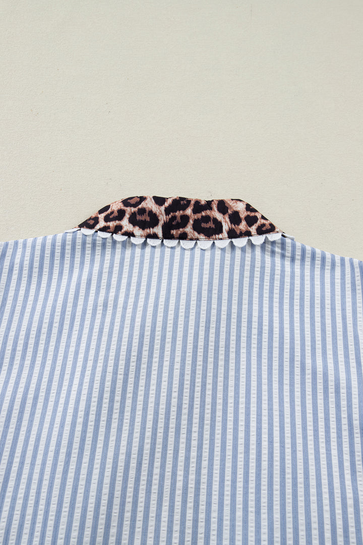 Sky Blue Stripe Plus Size Leopard Patchwork Collar Short Bubble Sleeve Blouse