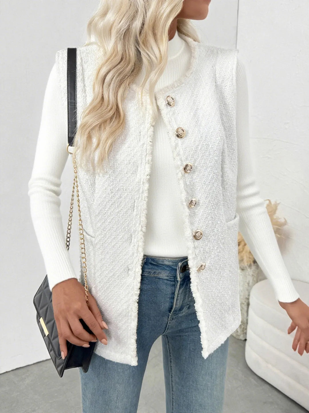 Textured Button-Front Vest with Raw Edge