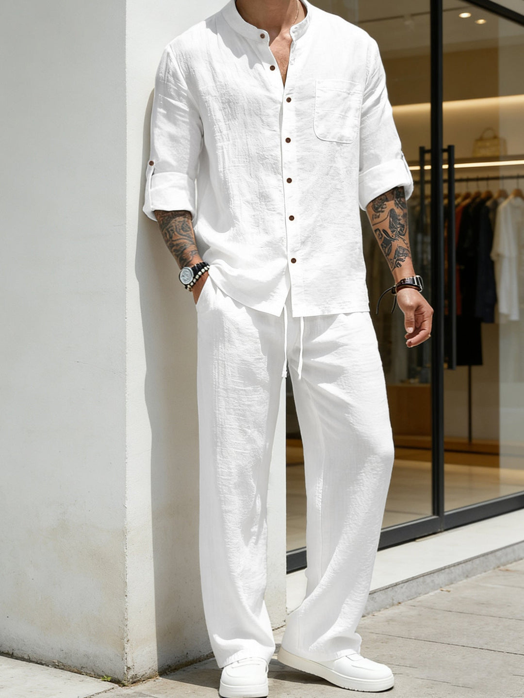 Mens Solid-Color Linen Long-Sleeve Shirt And Pants Two-Piece Set