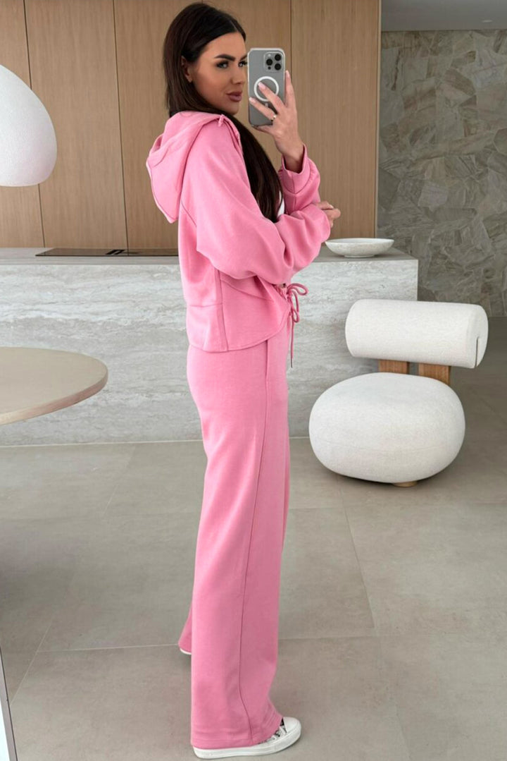 Pink Solid Color Zip Up Hoodie Drawstring Loose Pants Set