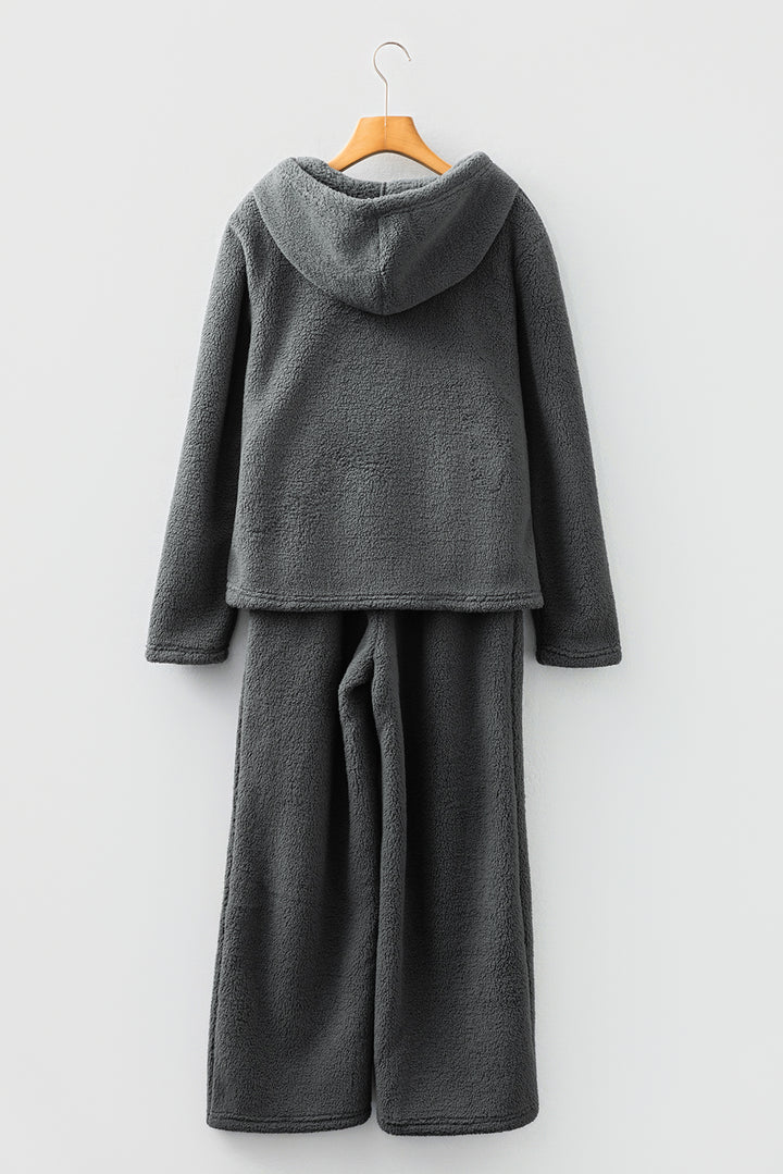 Medium Grey Fuzzy Drawstring Hoodie Lounge Pants 2pcs Set