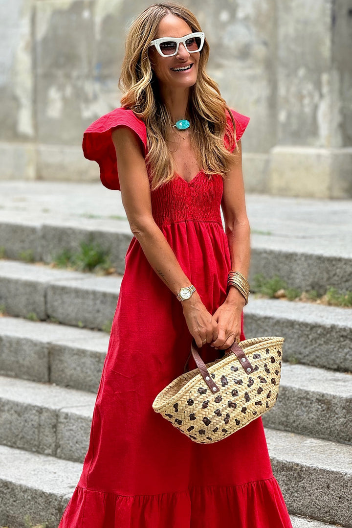 Fiery Red V Neck Flutter Sleeve Smocked Bodice High Waist Ruffle Maxi Dress