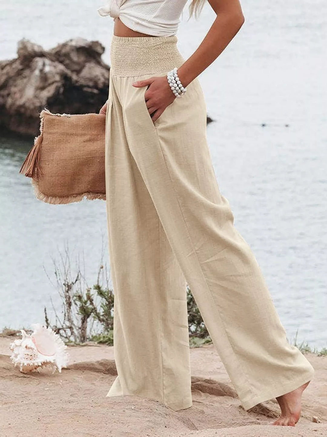 Smocked High Waisted Wide Leg Pants