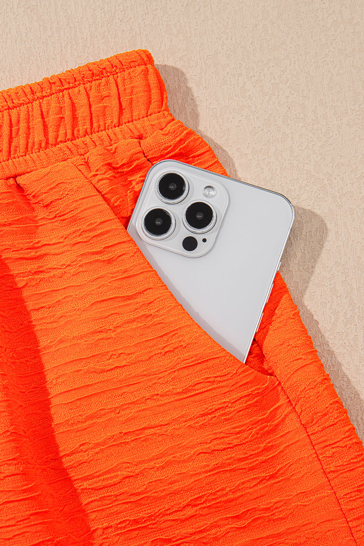 Orange Textured V Neck T Shirt and Shorts Set