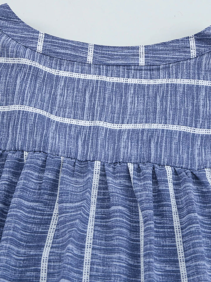 Striped Print V Neck Half Buttons Loose Blouse