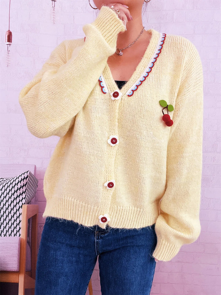 Cherry Button-Front Long Sleeve Cardigan