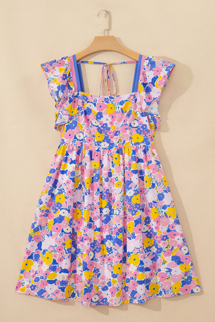 Multicolour Floral Print Flutter Sleeve Striped Trim Square Neck Loose Mini Dress