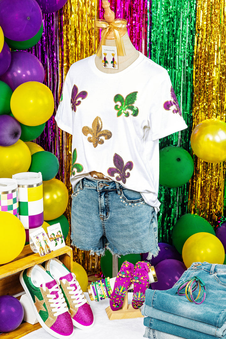White Mardi Gras Fleur De Lis Sequin Graphic T Shirt