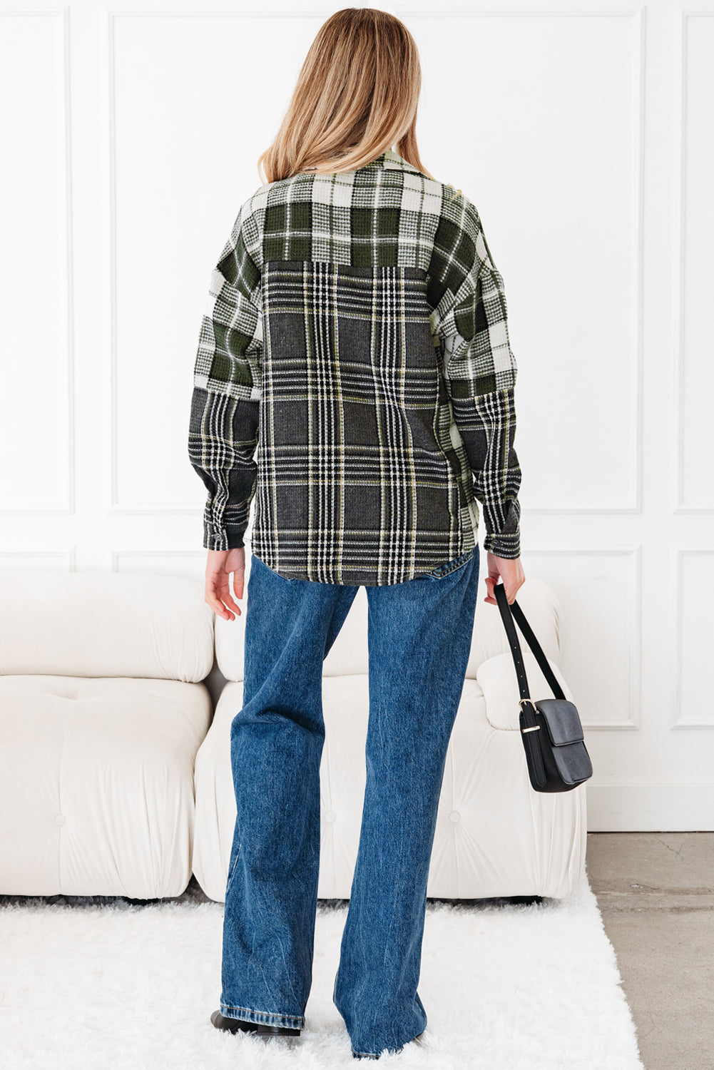 Black Plaid Print Textured Knit Buttoned Shacket