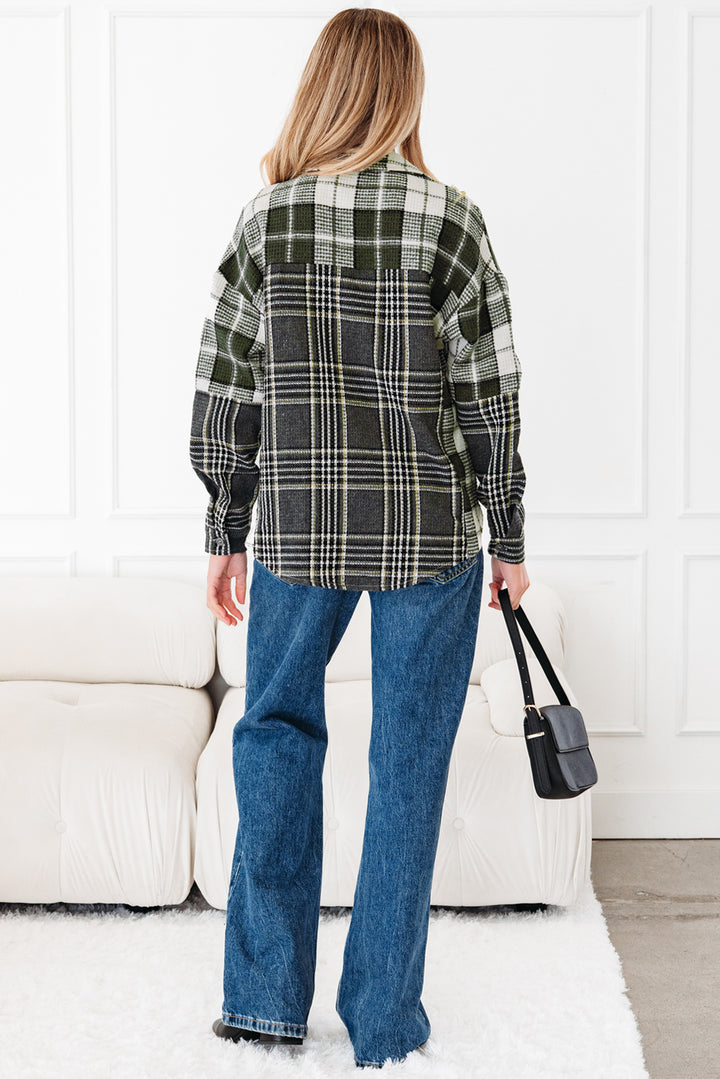 Black Plaid Print Textured Knit Buttoned Shacket