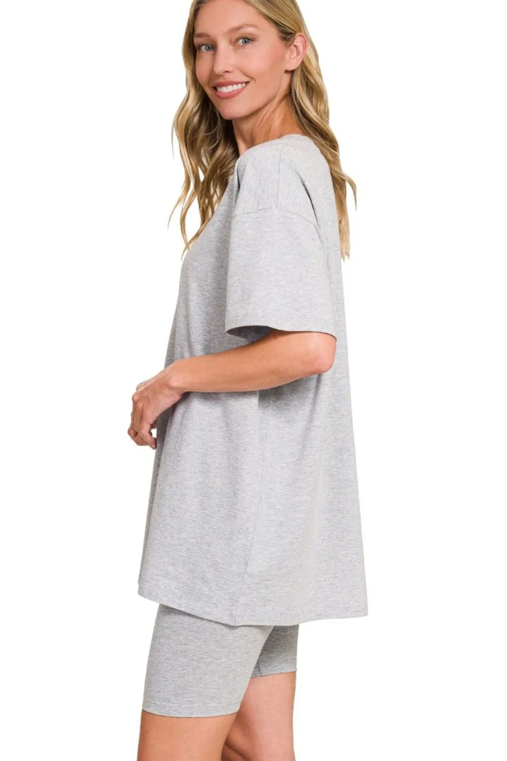 Zenana Cotton Round Neck Top & Biker Shorts