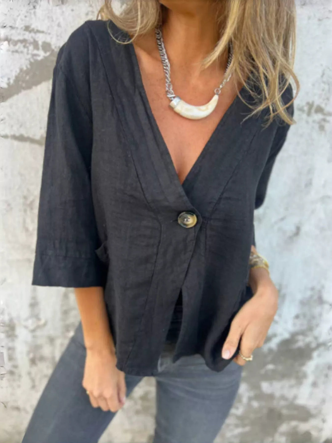 Full Size One Button V-Neck Shirt Plus Size