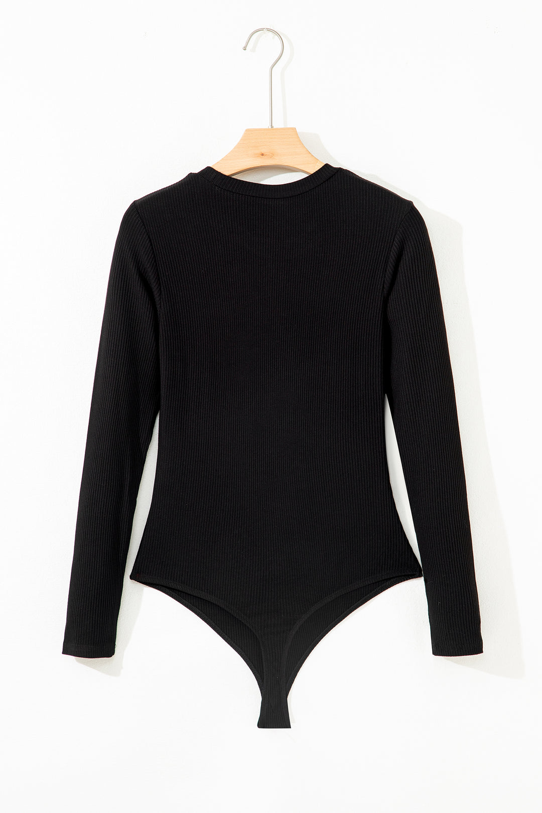 Black Ribbed Long Sleeve Crew Neck Solid Color Bodysuit
