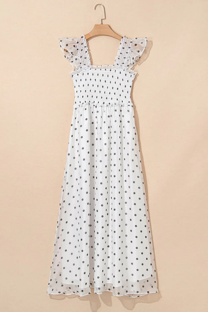 Polka Dot Ruffle Sleeve Smocked Midi Dress