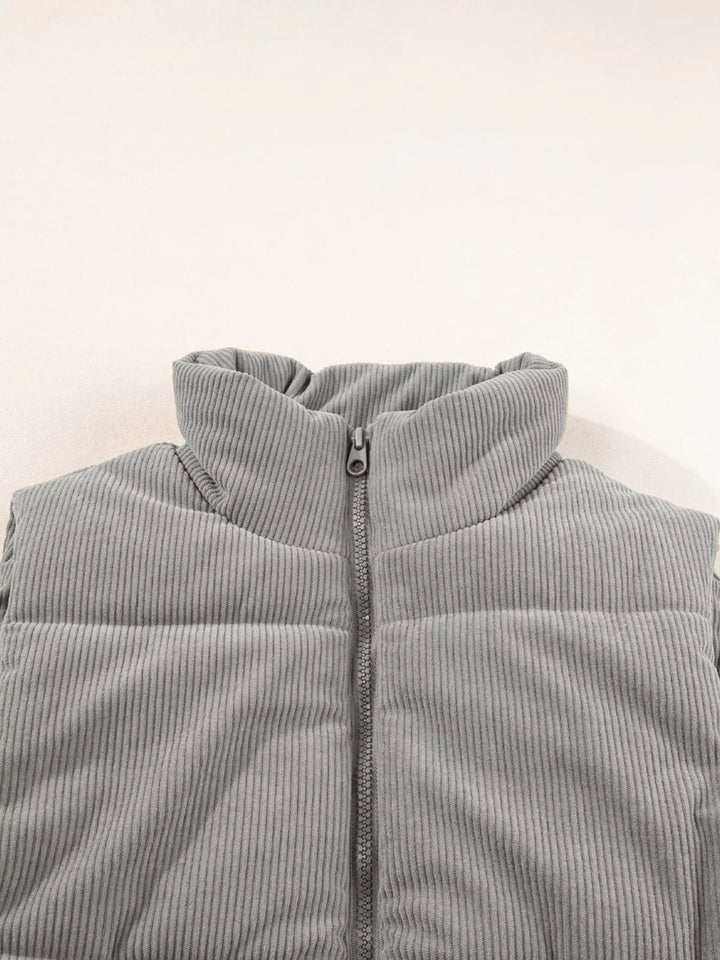 Corduroy Stand Neck Zipped Puffer Vest