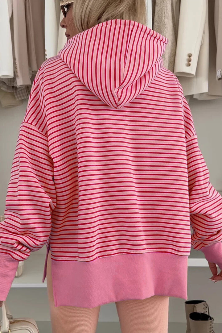 Rose Stripe Thumbhole Side Slits Drop Shoulder Loose Fit Hoodie