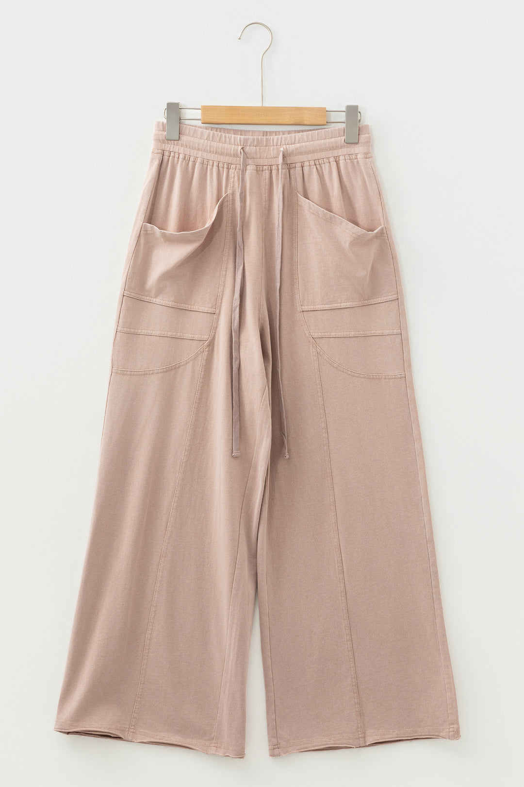 Smoke Gray Solid Color Mineral Wash Piping Trim Pocketed Wide Leg Pants