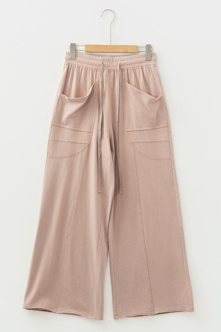 Smoke Gray Solid Color Mineral Wash Piping Trim Pocketed Wide Leg Pants