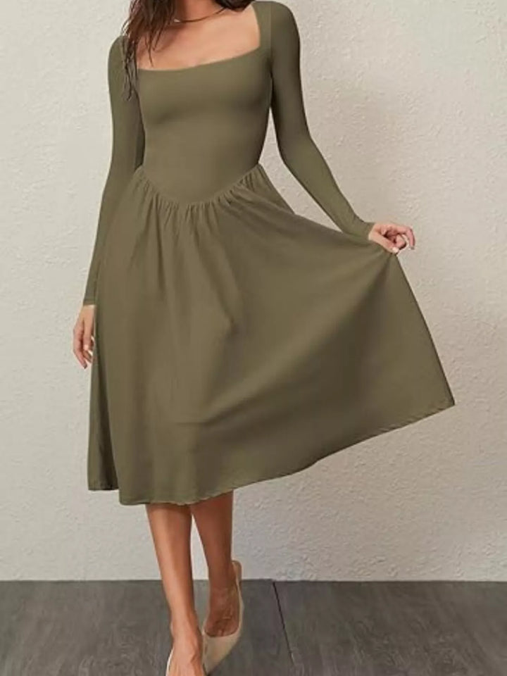 Square Neck Long Sleeve Midi Dress