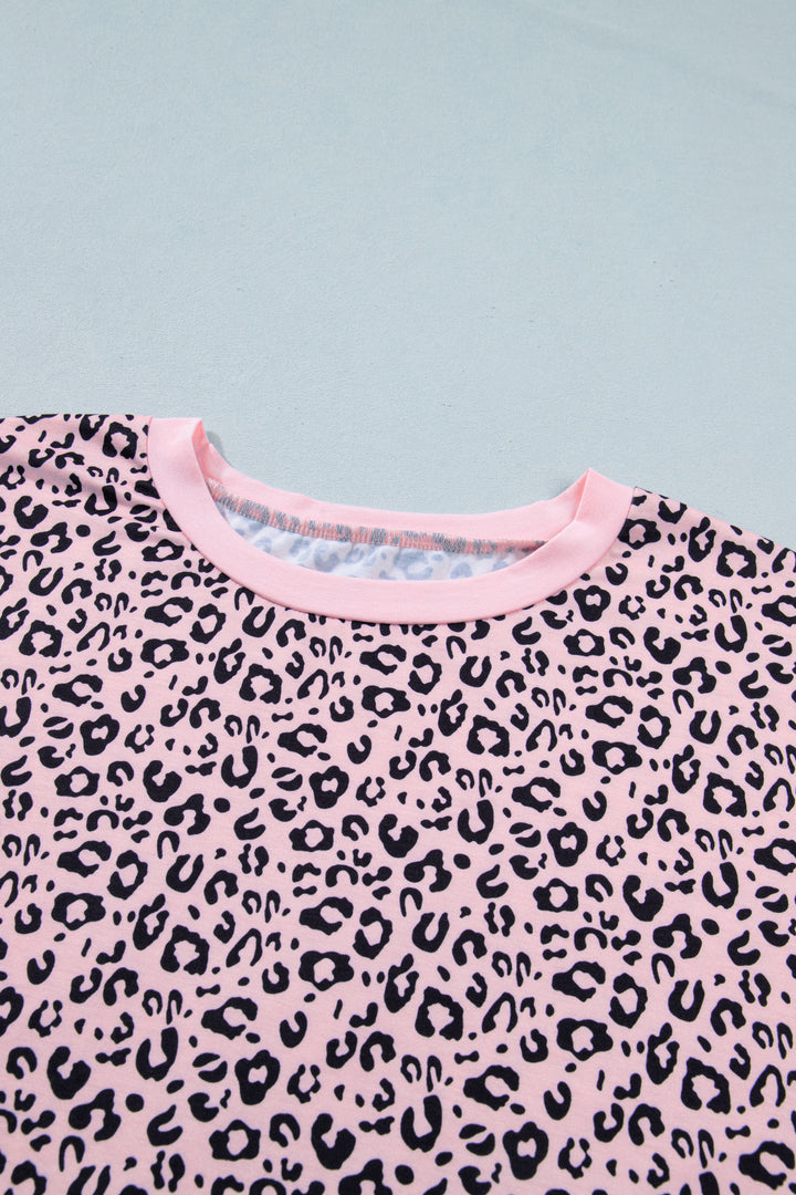 Pink Leopard Striped Contrast Patchwork Plus Size Tee