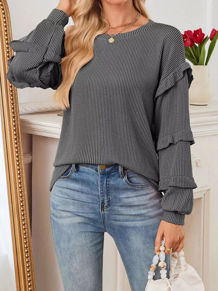 Round Neck Ruffled Long Sleeve Sweatshirt