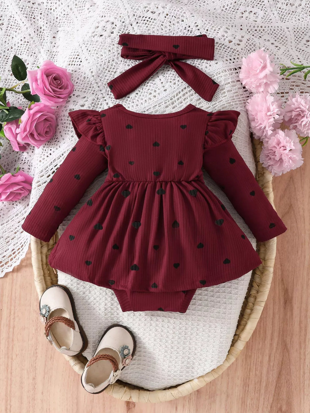 Children's Heart Print Ruffle Trim Bodysuit Dress with Headband