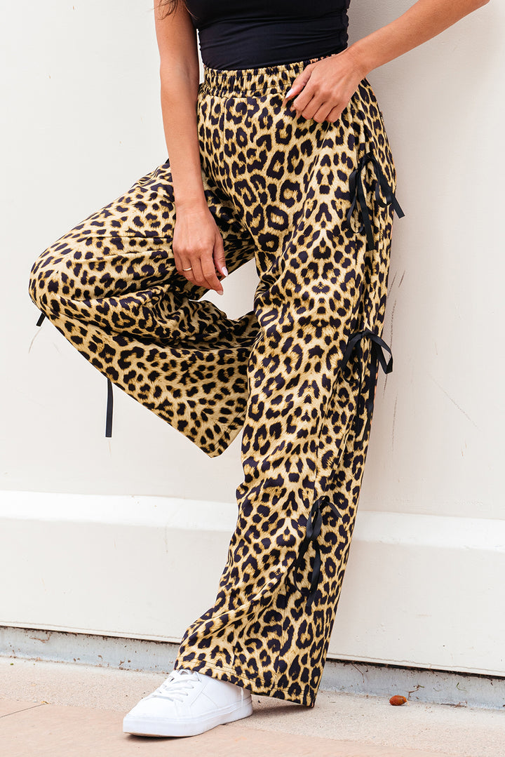 Brown Leopard Print Bow Tie Drawstring Elastic Waist Loose High Waist Pants