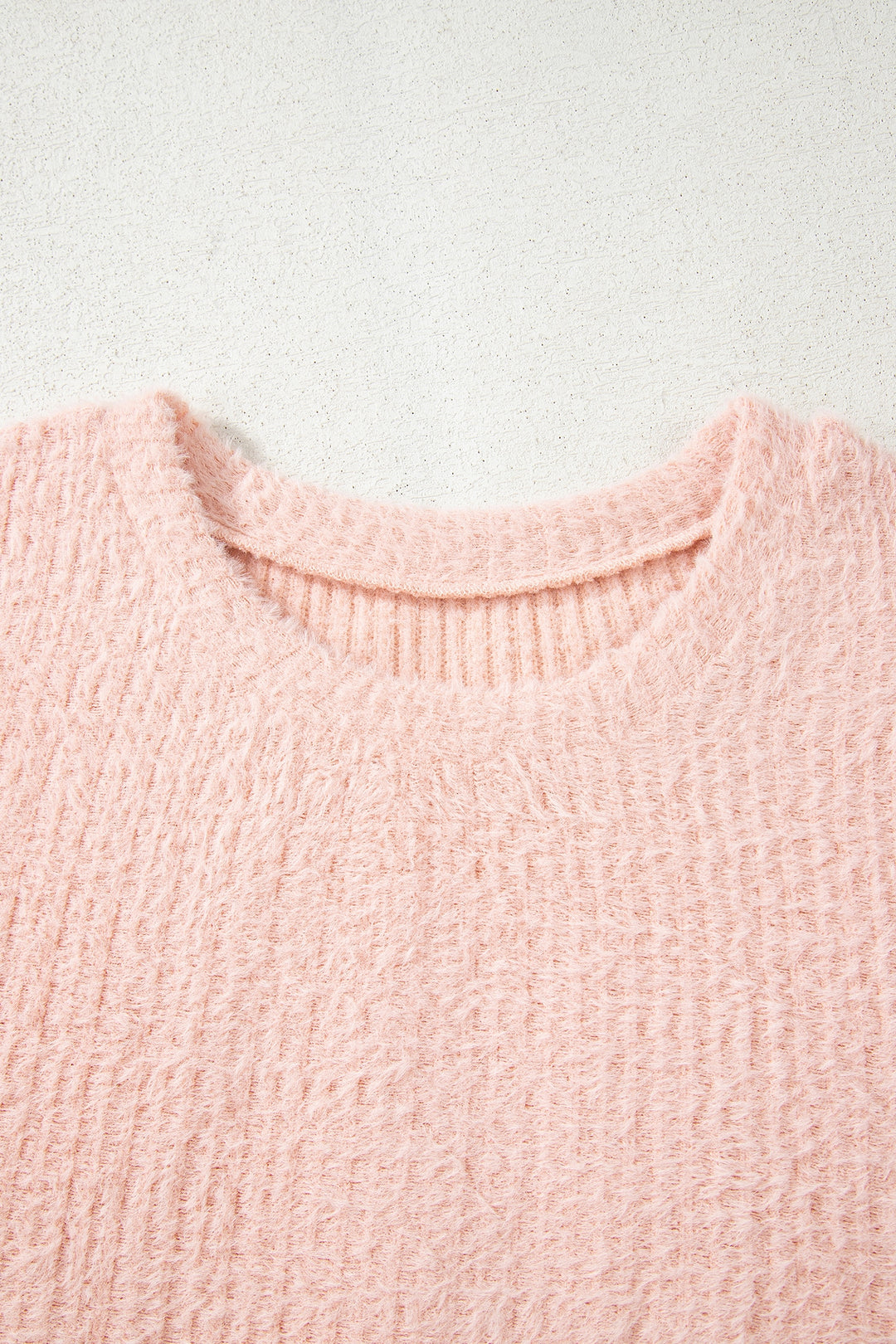 Light Pink Fuzzy Ribbed Texture Round Neck Long Sleeve Top